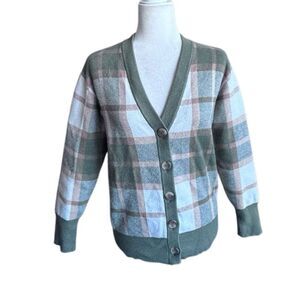 Rachel Zoe Plaid Sweater Brown Green White Cardigan Preppy Classic SZ XS